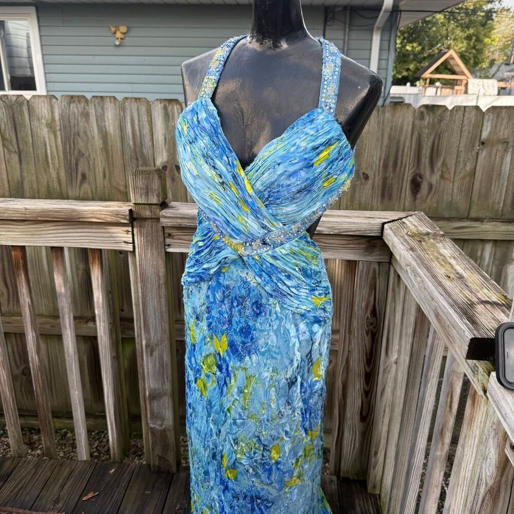 Night Way Blue Floral Beaded Cutout Cross Back Ruched Prom Gown Size 12